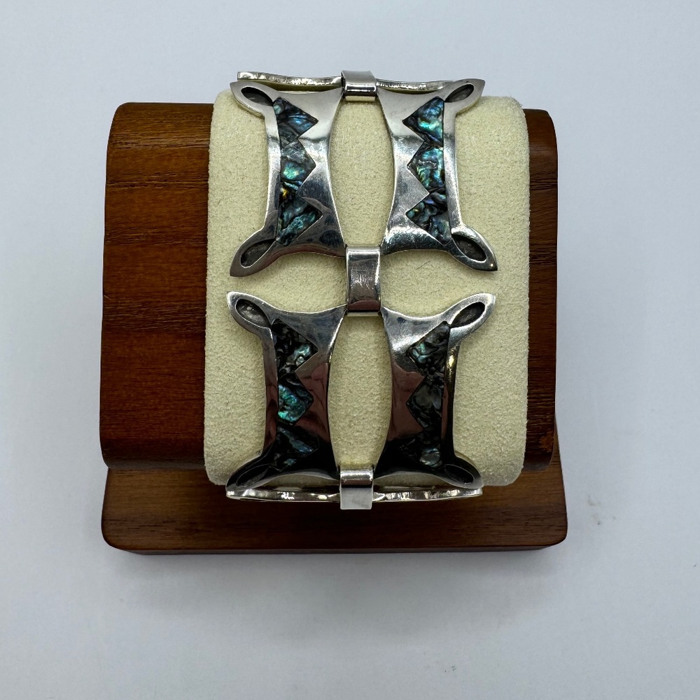 Vintage Taxco Mexican 925 Sterling inlaid with Abalone brutalist bracelet.